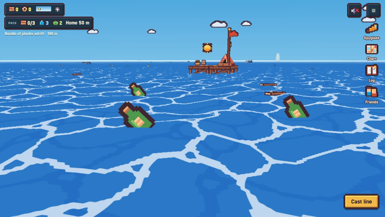 Two bottles floating on the sea, with the station behind