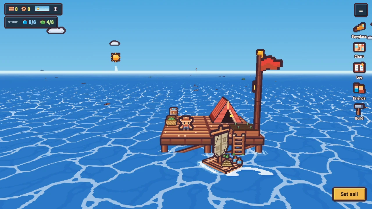 The player on the station deck, with the tent, planter, barrel and basket, and the raft tied up at the ladder