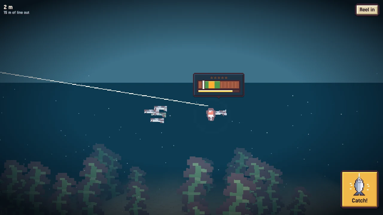 A bite: the strike gauge above the fish with its fuse, and the Catch button