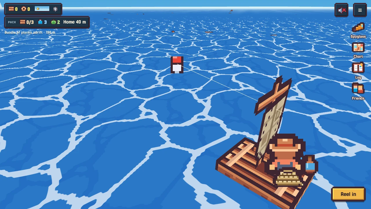The cast: the bobber flying out from the raft toward the water