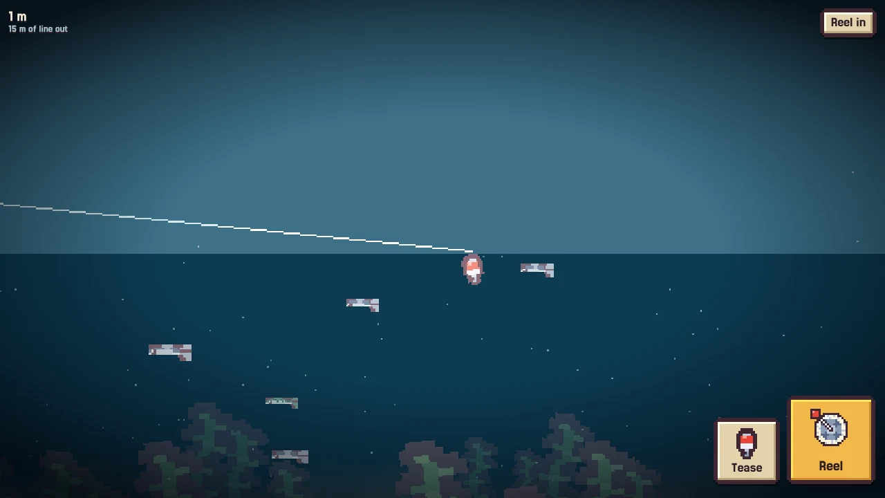 Under water: the lure on its line with fish swimming around it, and the Tease and Reel buttons