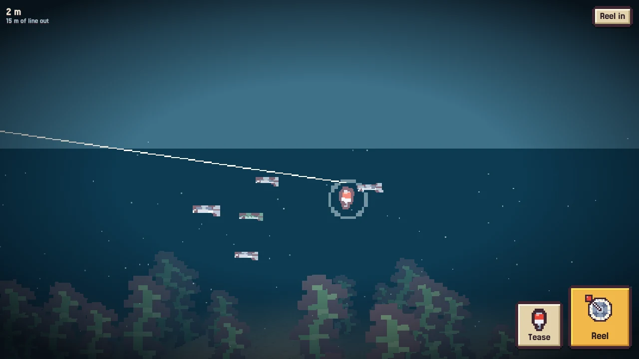 A fish holding beside the lure, watching it, while the line is still