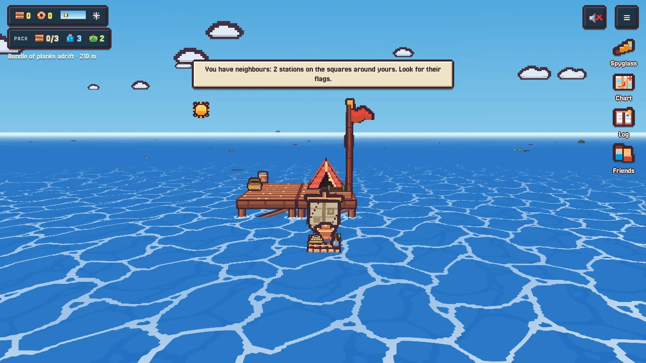 Setting out from the station on the raft, with the pack shown in the HUD