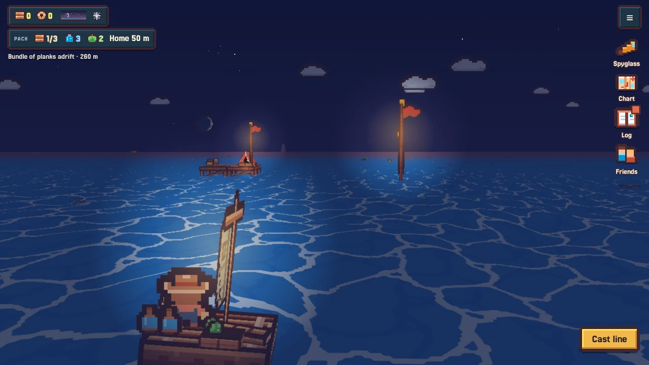 At night from the raft: your station in the distance and a neighbour's lantern glowing on its pole