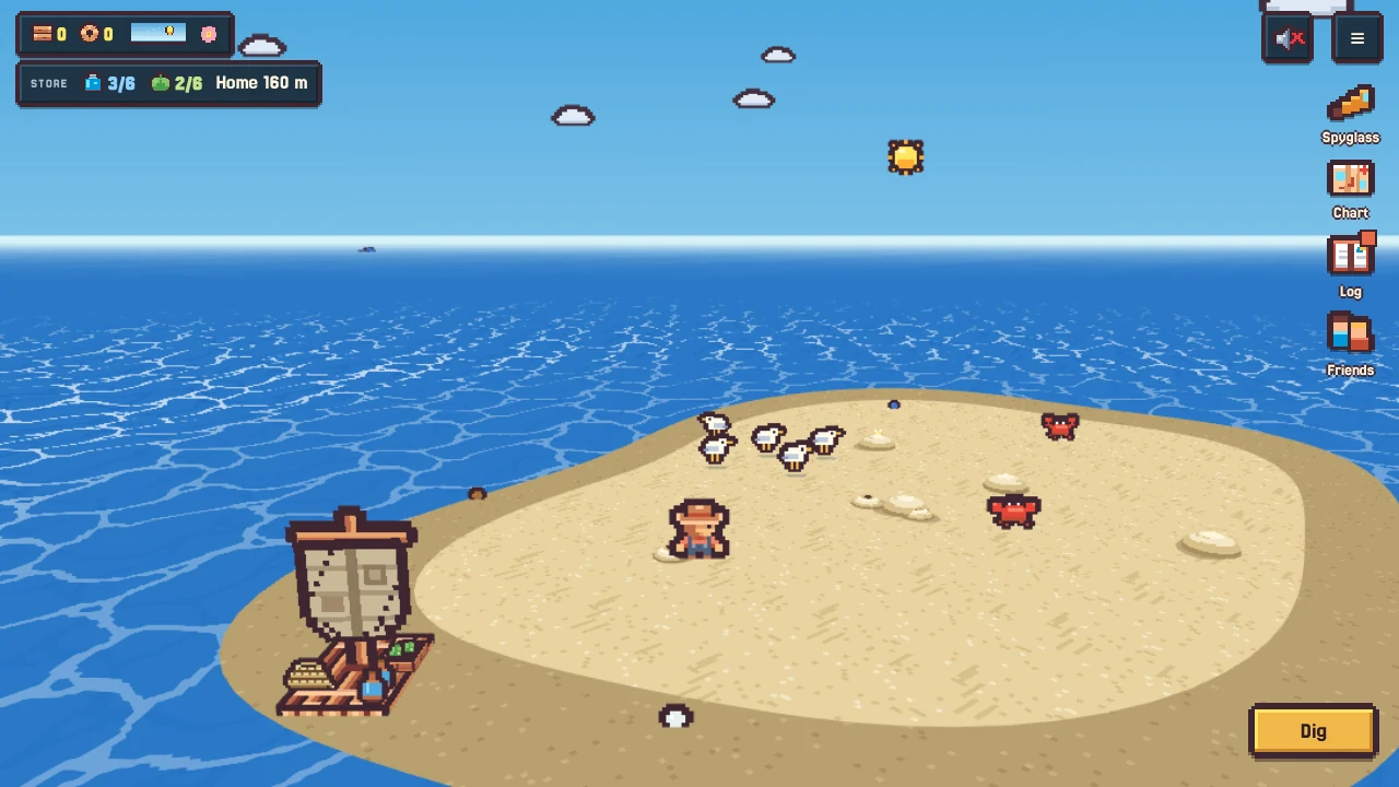 Standing on a sandbar beside the raft, with crabs and gulls on the sand and a Dig button