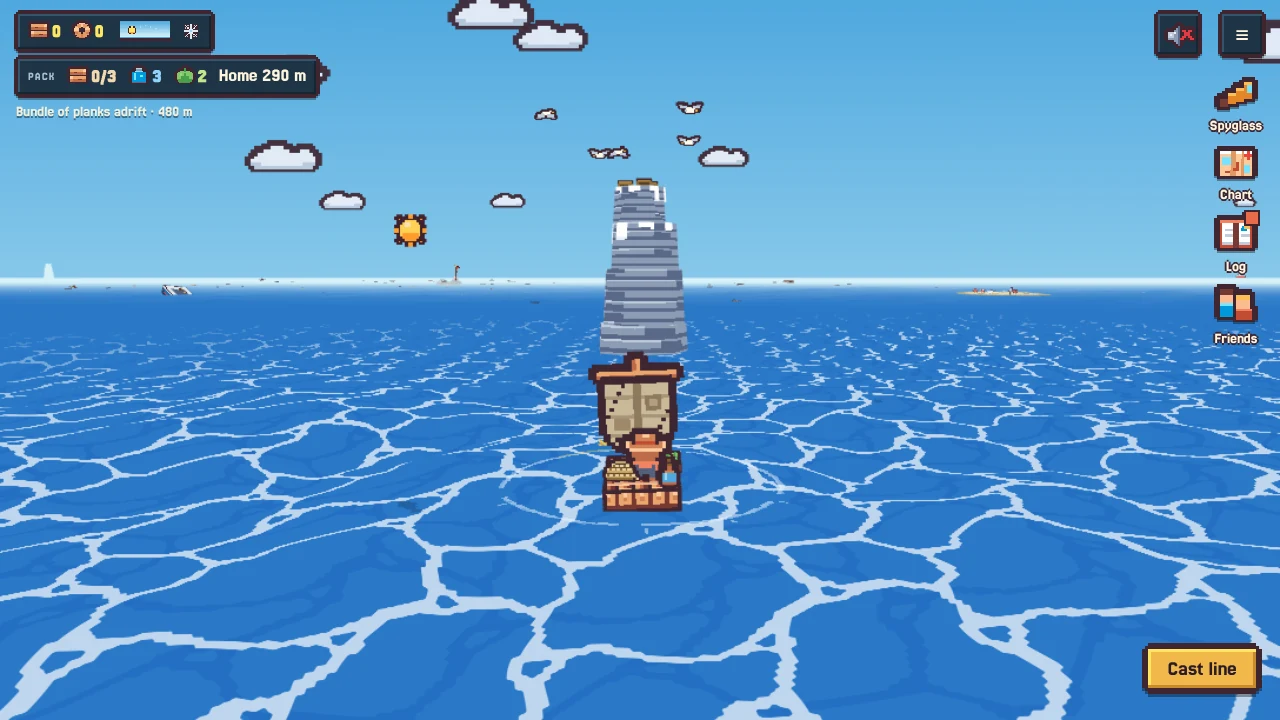 A tall rock sea stack out at sea with seabirds circling, the raft in front of it