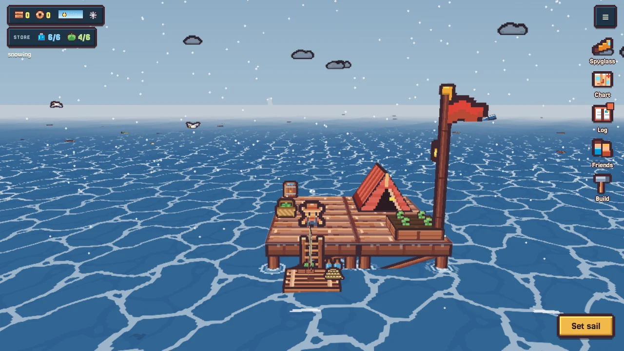 The station in winter: a grey sky and snow falling over the sea