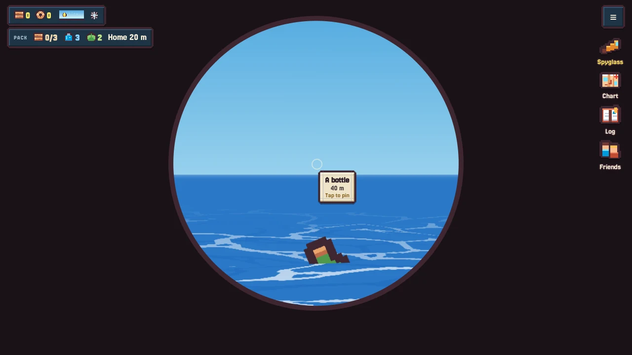 The spyglass view: a round lens on the sea, naming a bottle 40 m away with Tap to pin