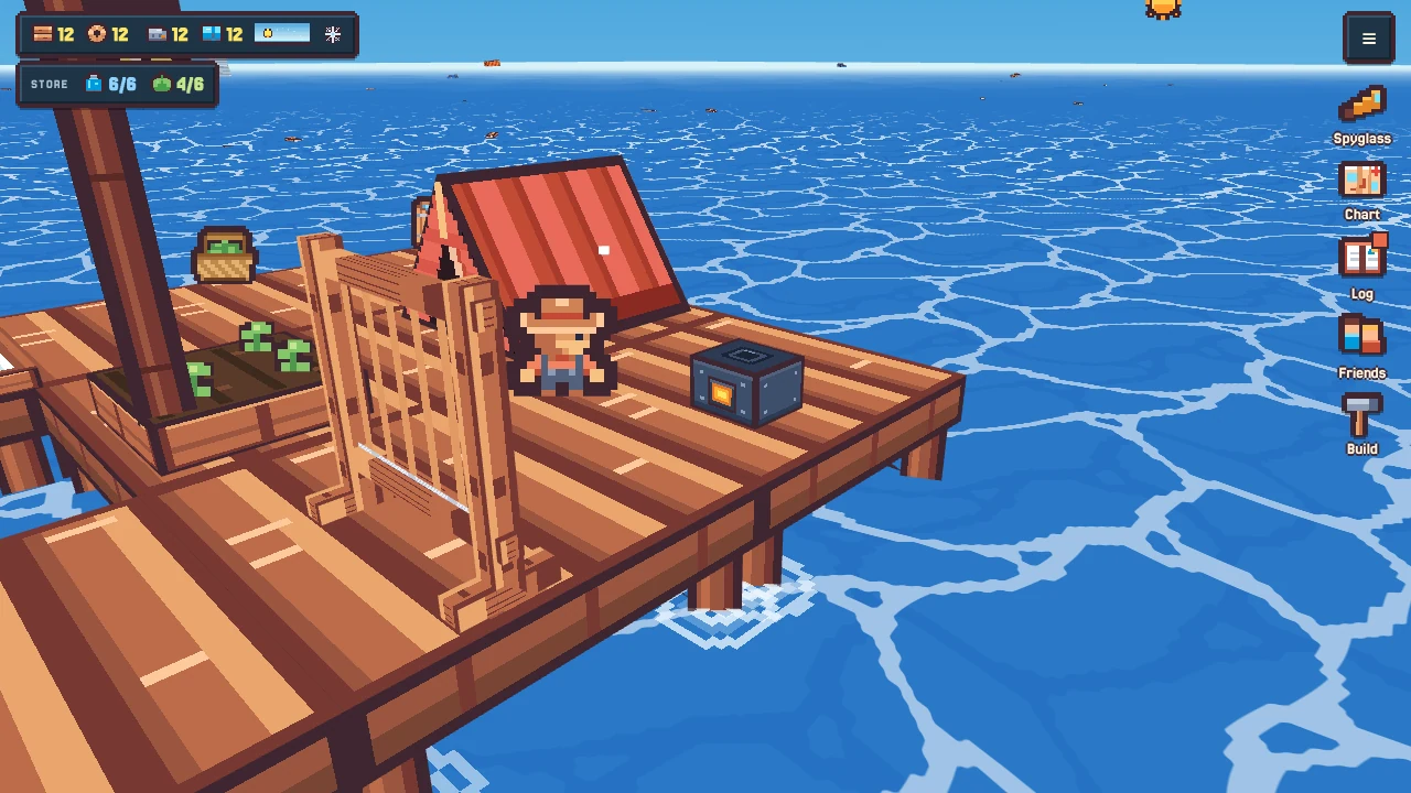 The iron stove on a deck tile, with the loom and a castaway nearby